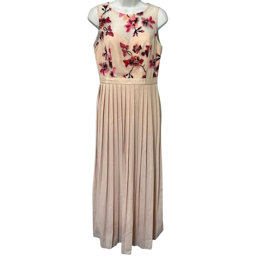 Little Mistress Cream Red Pink Embroidered Flowers Accordion Pleat Midi Dress 6